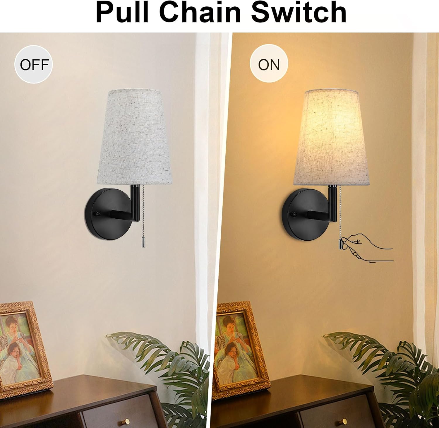 Wall sconce with pull chain switch showing 'OFF' and 'ON' states.