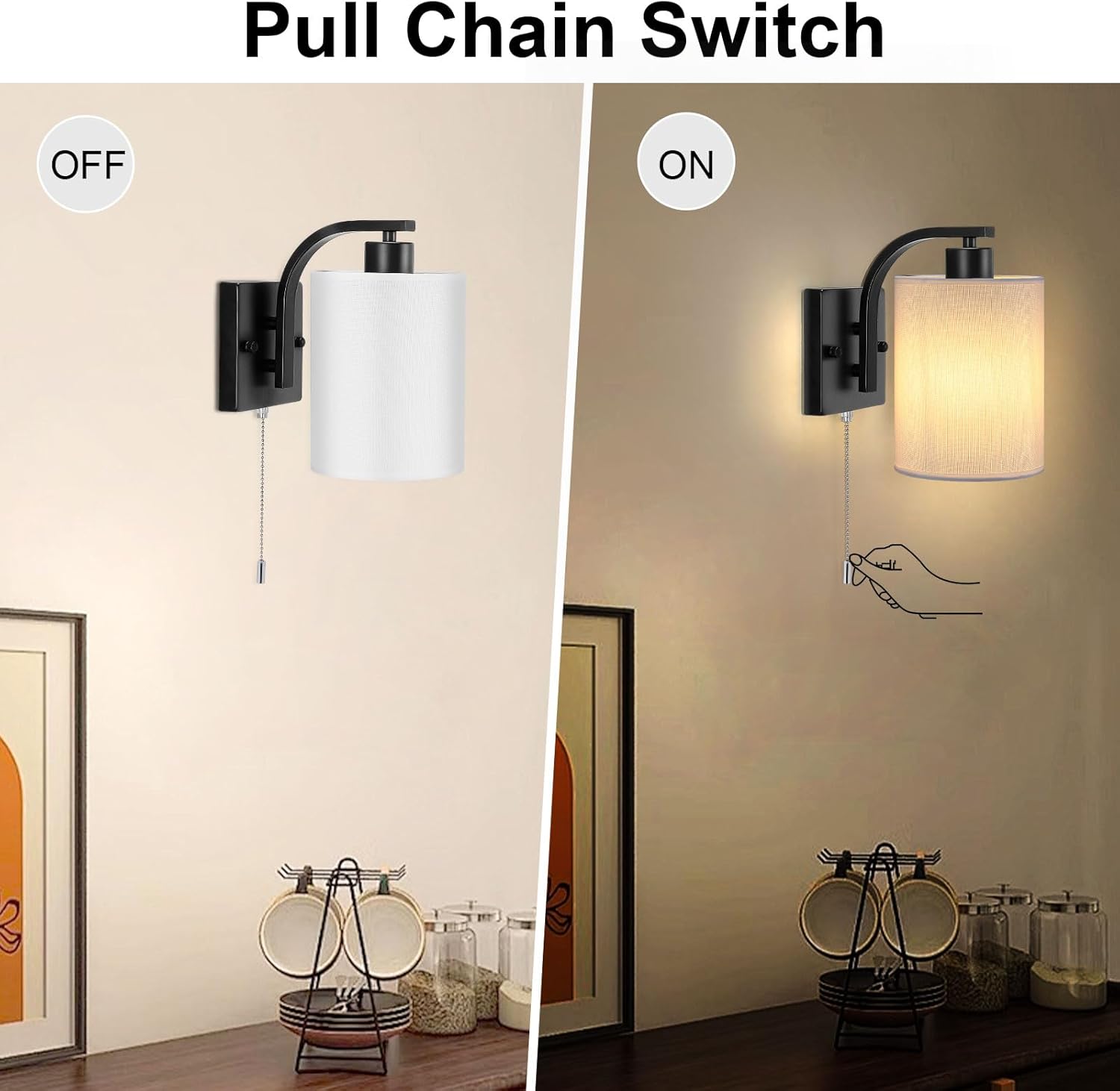 Wall sconce with pull chain switch showing 'OFF' and 'ON' states.
