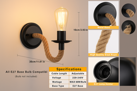 Wall sconce with rope design and specifications on a neutral background