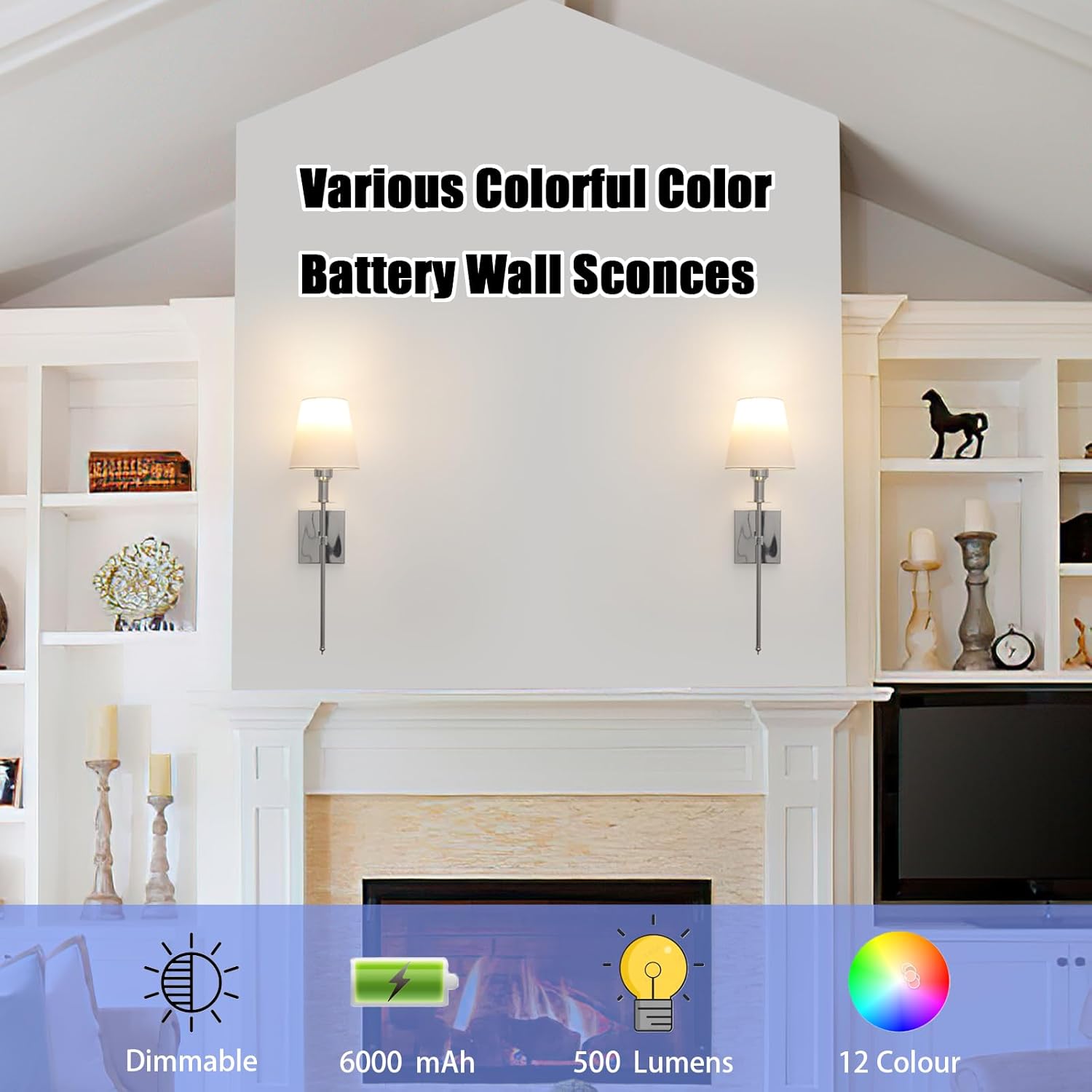 Wall sconces on a white wall with decorative items below, featuring text about colorful battery wall sconces.