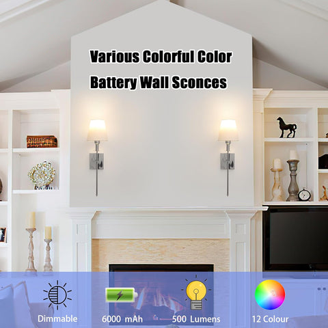 Wall sconces on a white wall with decorative items below, featuring text about colorful battery wall sconces.