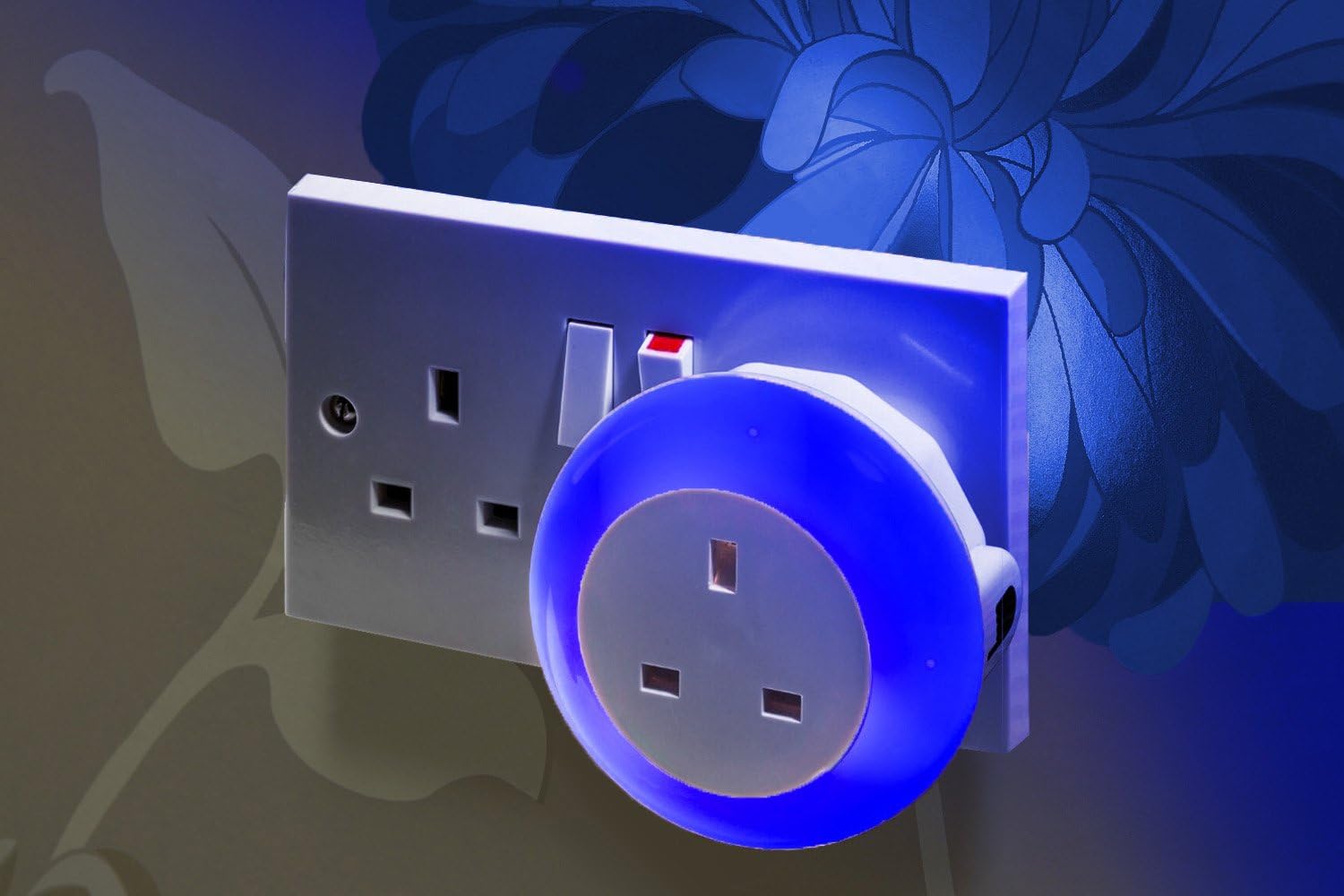 Wall socket with a glowing blue night light attachment on a decorative background