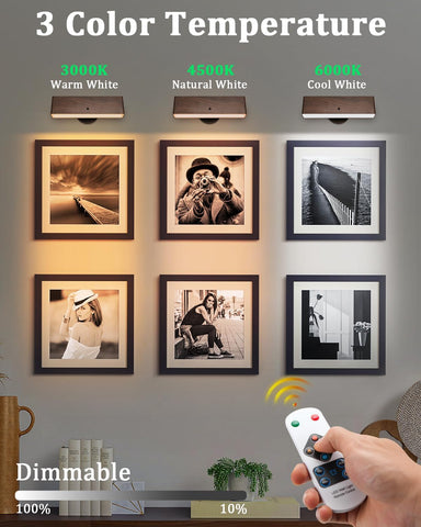 Wall with framed pictures illuminated by a light fixture with three color temperature options and a remote control.
