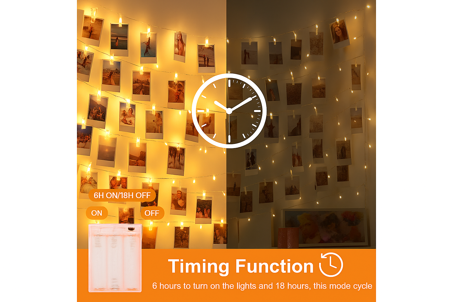 Wall with string lights and photo frames, featuring a clock and timing function display.