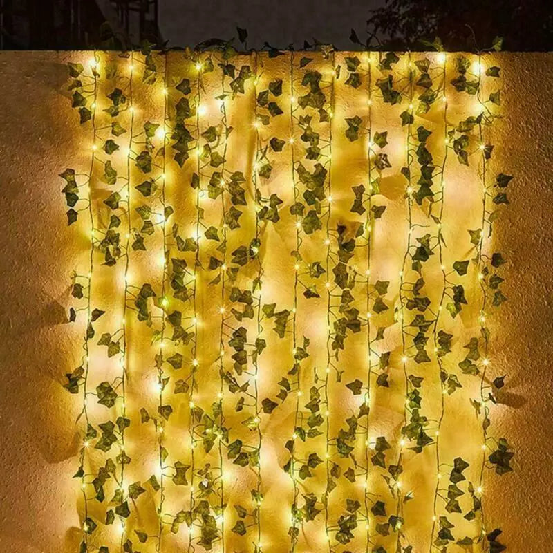 Hanging ivy leaf string lights in bedroom décor

