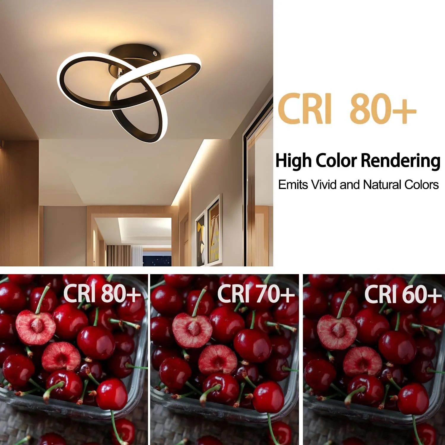 Ceiling light fixture with text about CRI 80+ color rendering, shown in a room setting.
