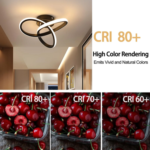 Ceiling light fixture with text about CRI 80+ color rendering, shown in a room setting.