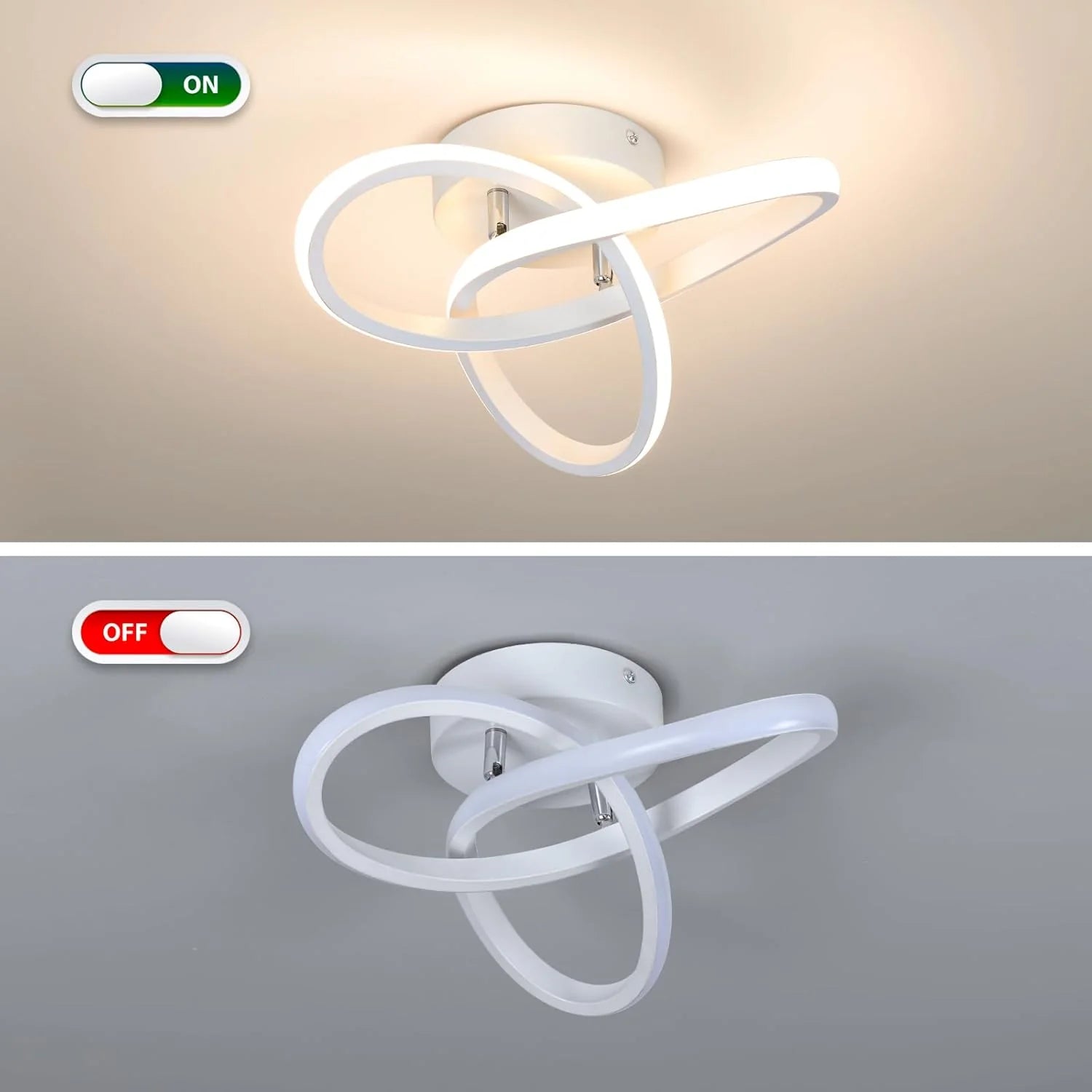 Ceiling light fixture with on/off switch display on a beige and gray background