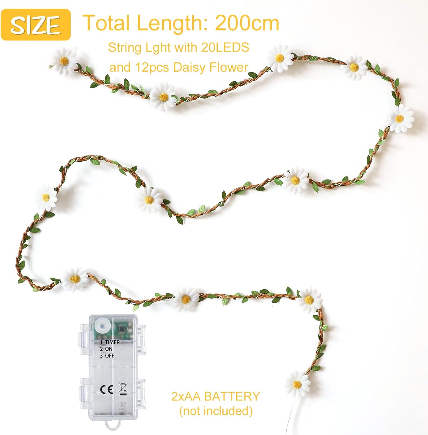 String light with daisy flowers and battery pack on a white background