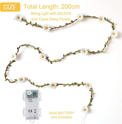 String light with daisy flowers and battery pack on a white background