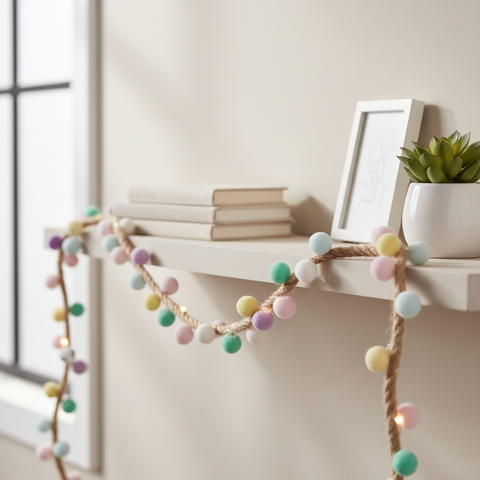 Warm white pastel pom pom garland draped over mantel indoors
