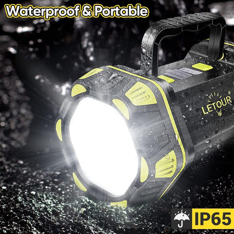 Waterproof and portable flashlight with  branding on a dark background