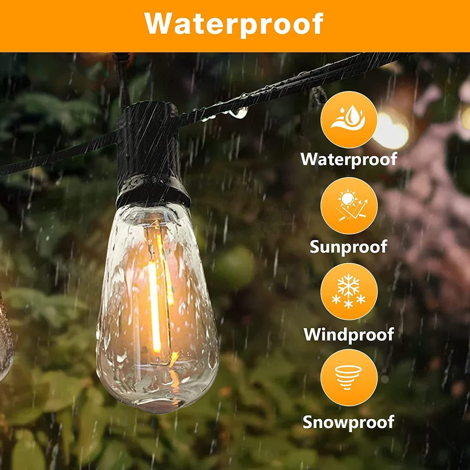 Waterproof outdoor light bulb with raindrops on a string, surrounded by nature.