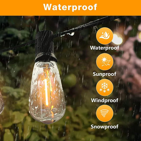 Waterproof outdoor light bulb with raindrops on a string, surrounded by nature.