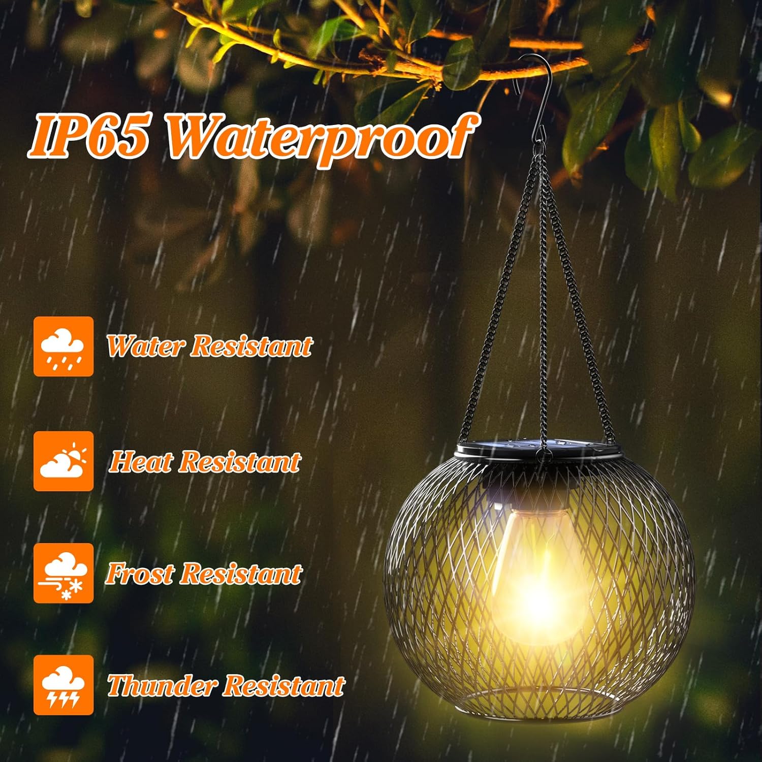 Waterproof outdoor light fixture hanging in the rain with features listed.