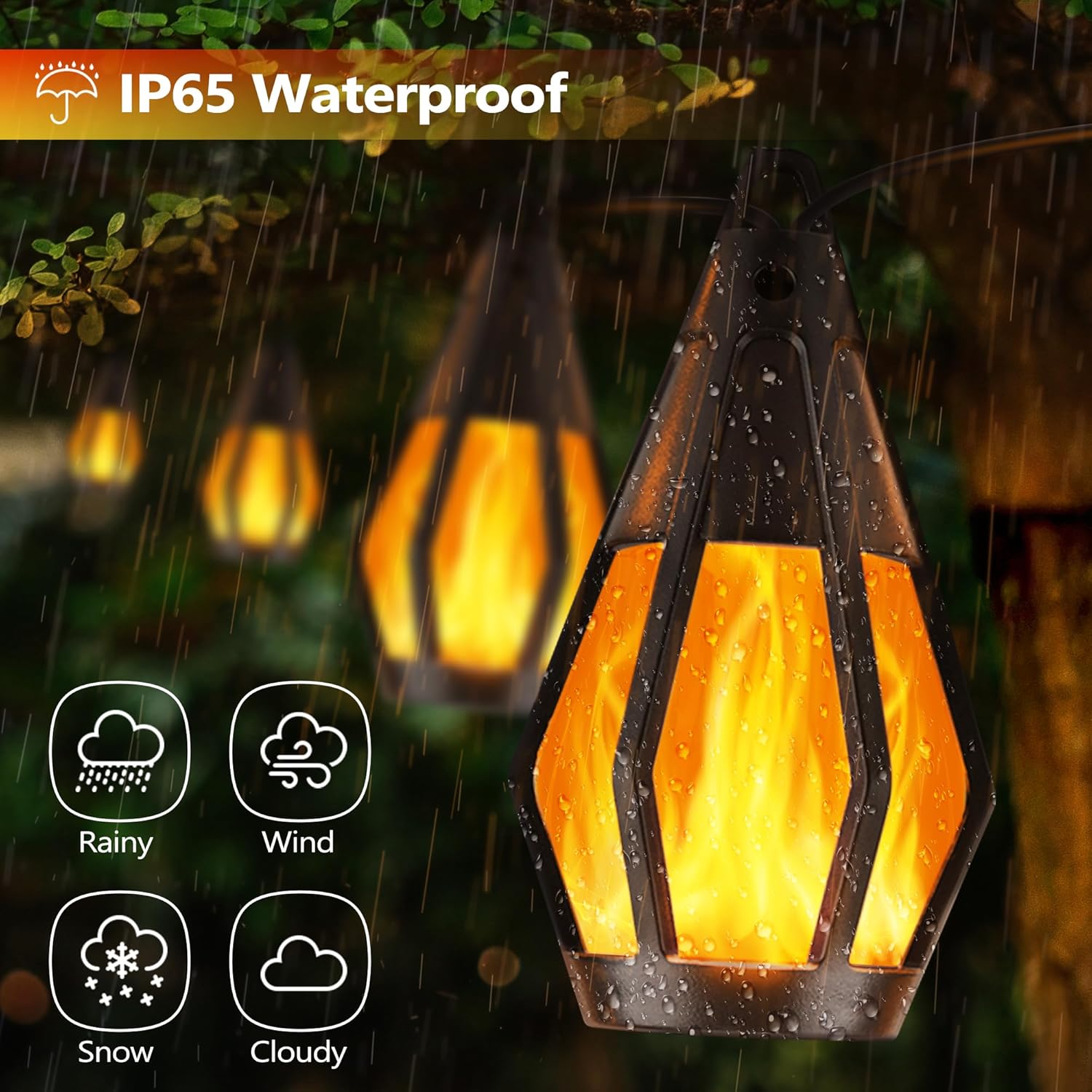 Waterproof outdoor light fixture with rain, wind, snow, and cloud icons on a dark background.