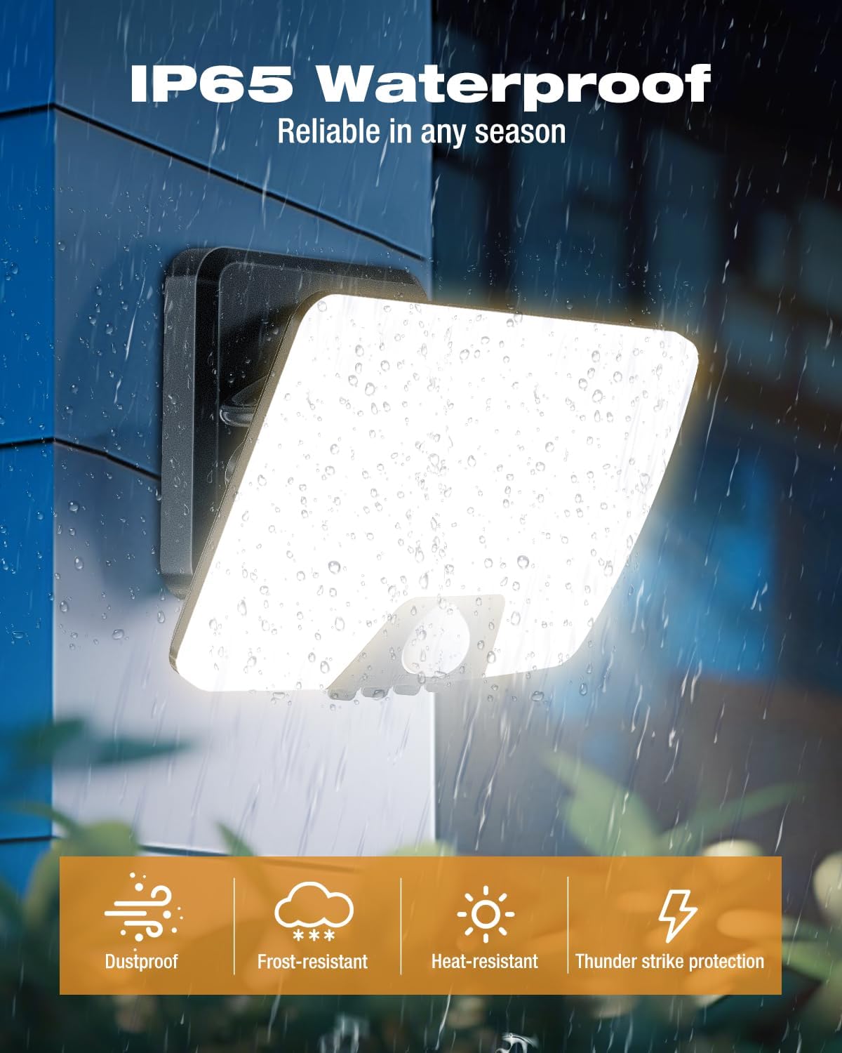 Waterproof outdoor light fixture with raindrops on a blue wall background