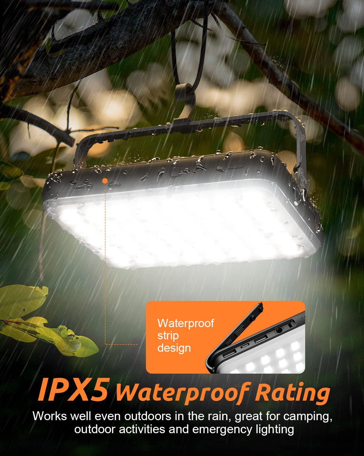 Waterproof outdoor light with IPX5 rating in a rainy setting