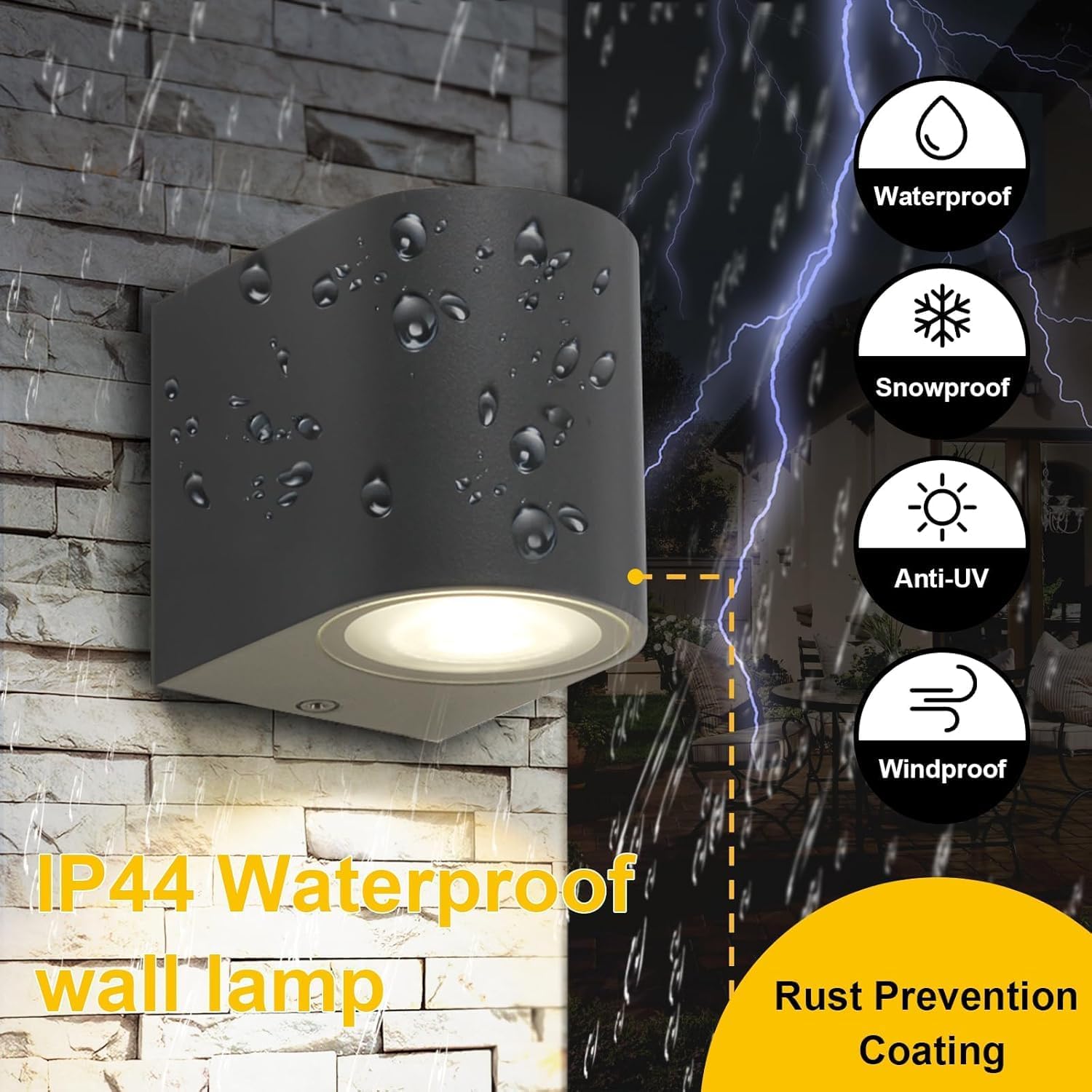 Waterproof outdoor wall lamp with raindrop effects on a stone wall background