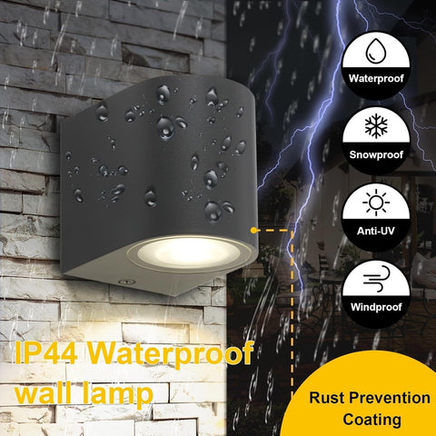 Waterproof outdoor wall lamp with raindrop effects on a stone wall background