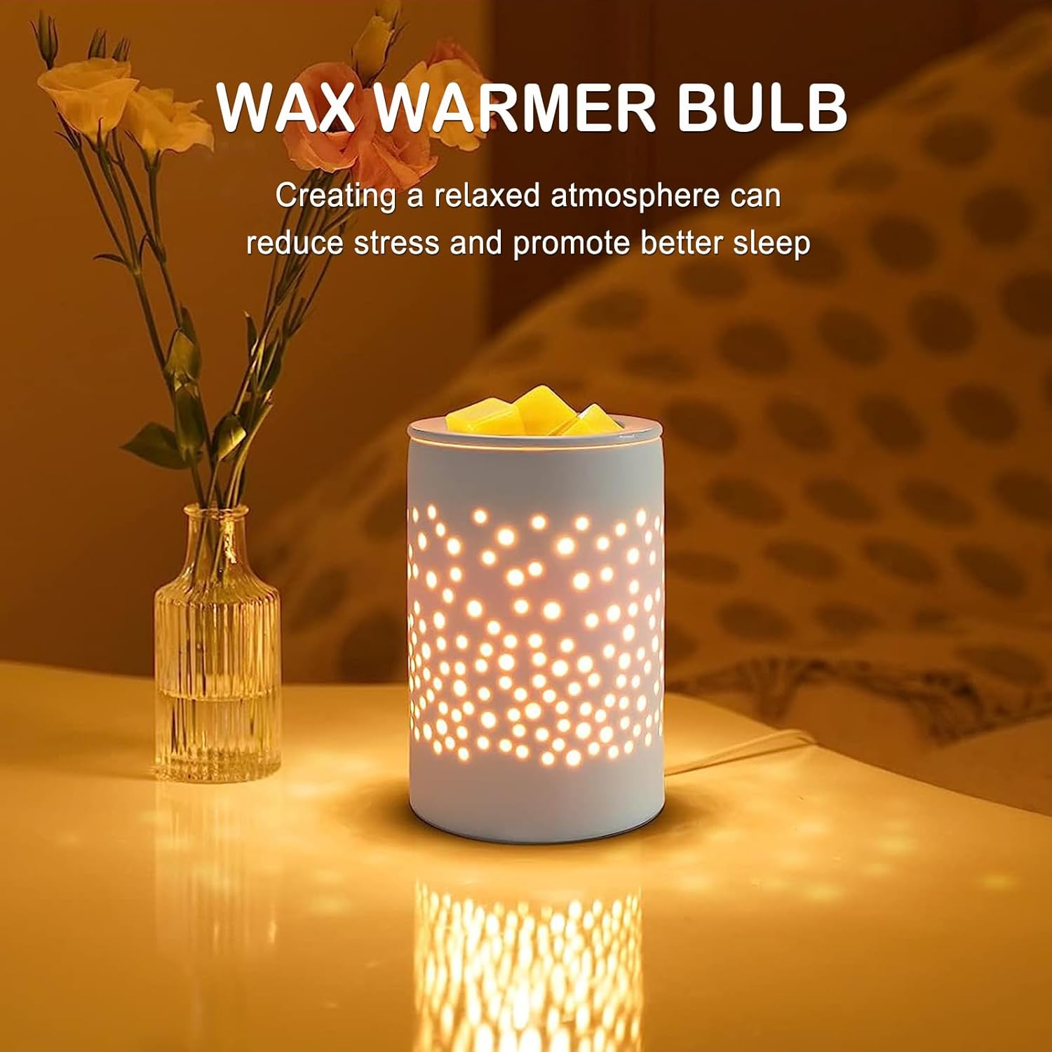 Wax warmer bulb with decorative flowers on a table, creating a relaxed atmosphere.