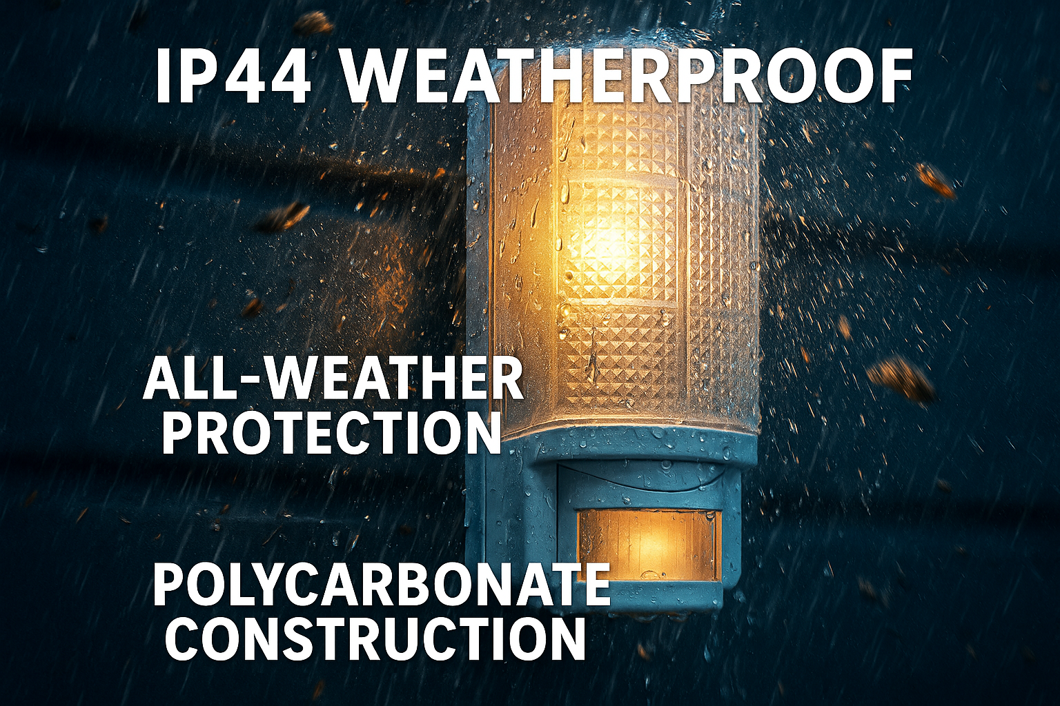 Weatherproof outdoor light fixture with raindrops and text highlighting features.