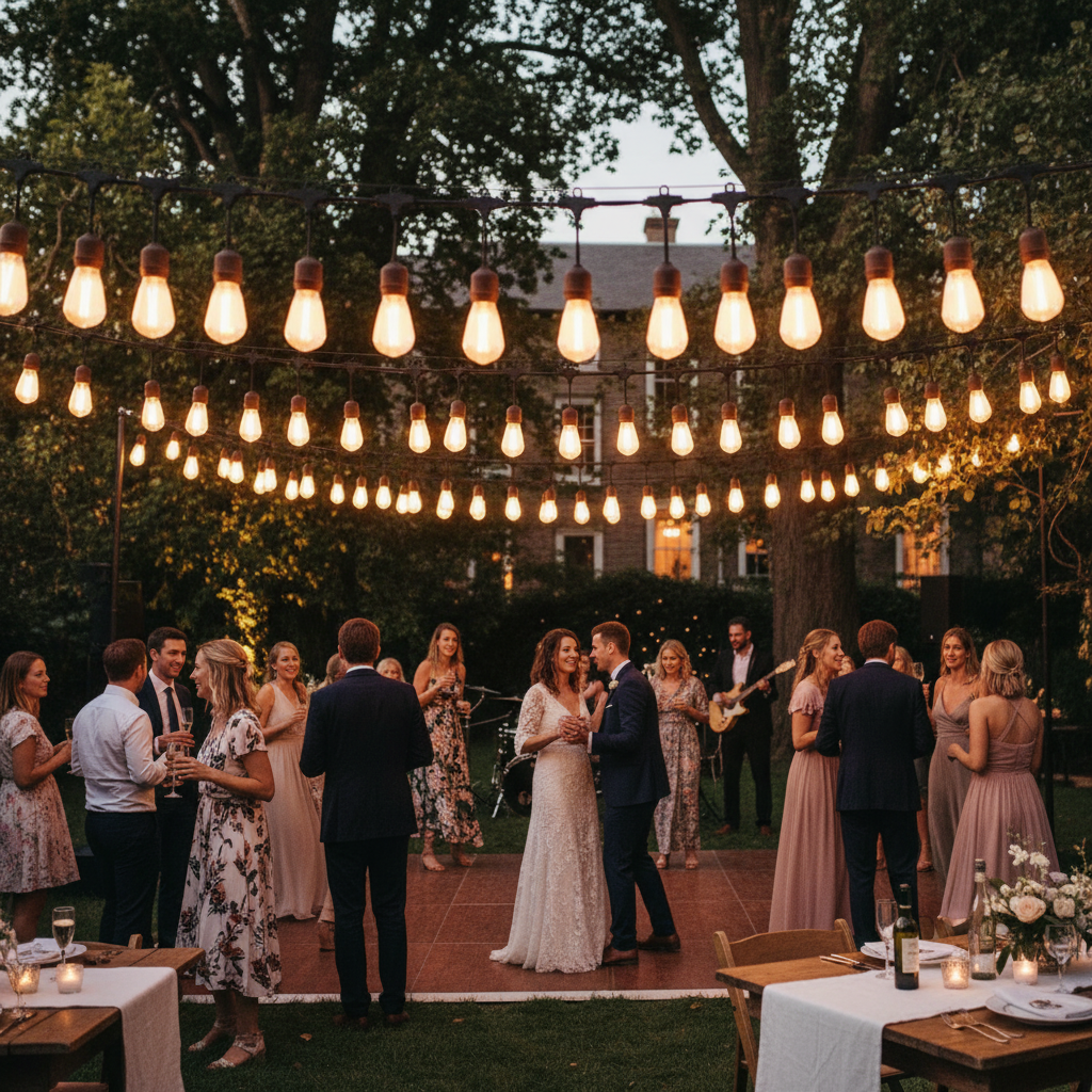 Wedding reception with string lights and guests in an outdoor setting