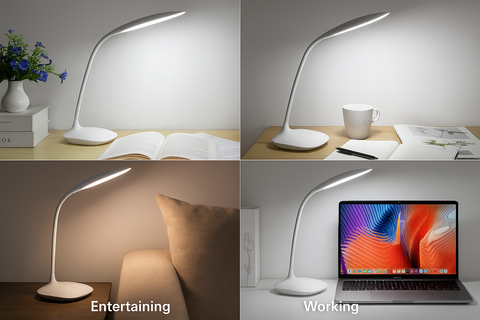 White LED desk lamp on a wooden surface with different scenes labeled 'Entertaining' and 'Working'.