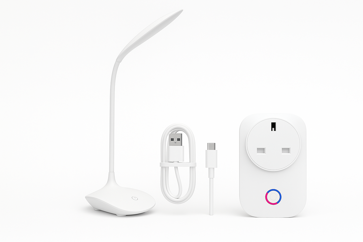 White LED desk lamp with USB cable and power adapter on a white background