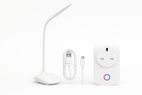White LED desk lamp with USB cable and power adapter on a white background