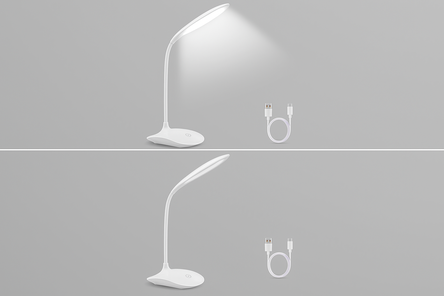 White LED desk lamp with USB cable on a gray background