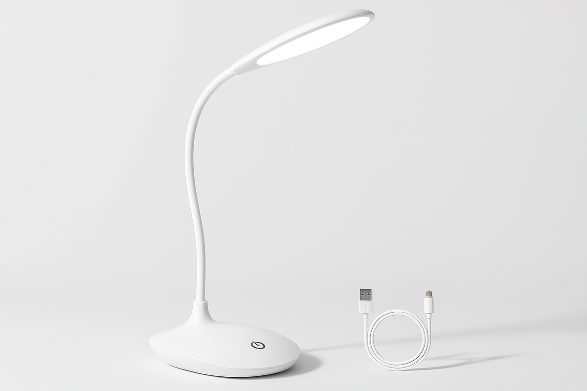 White LED desk lamp with USB cable on a light gray background