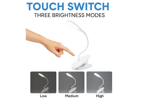 White LED desk lamp with a touch switch for three brightness modes on a white background.