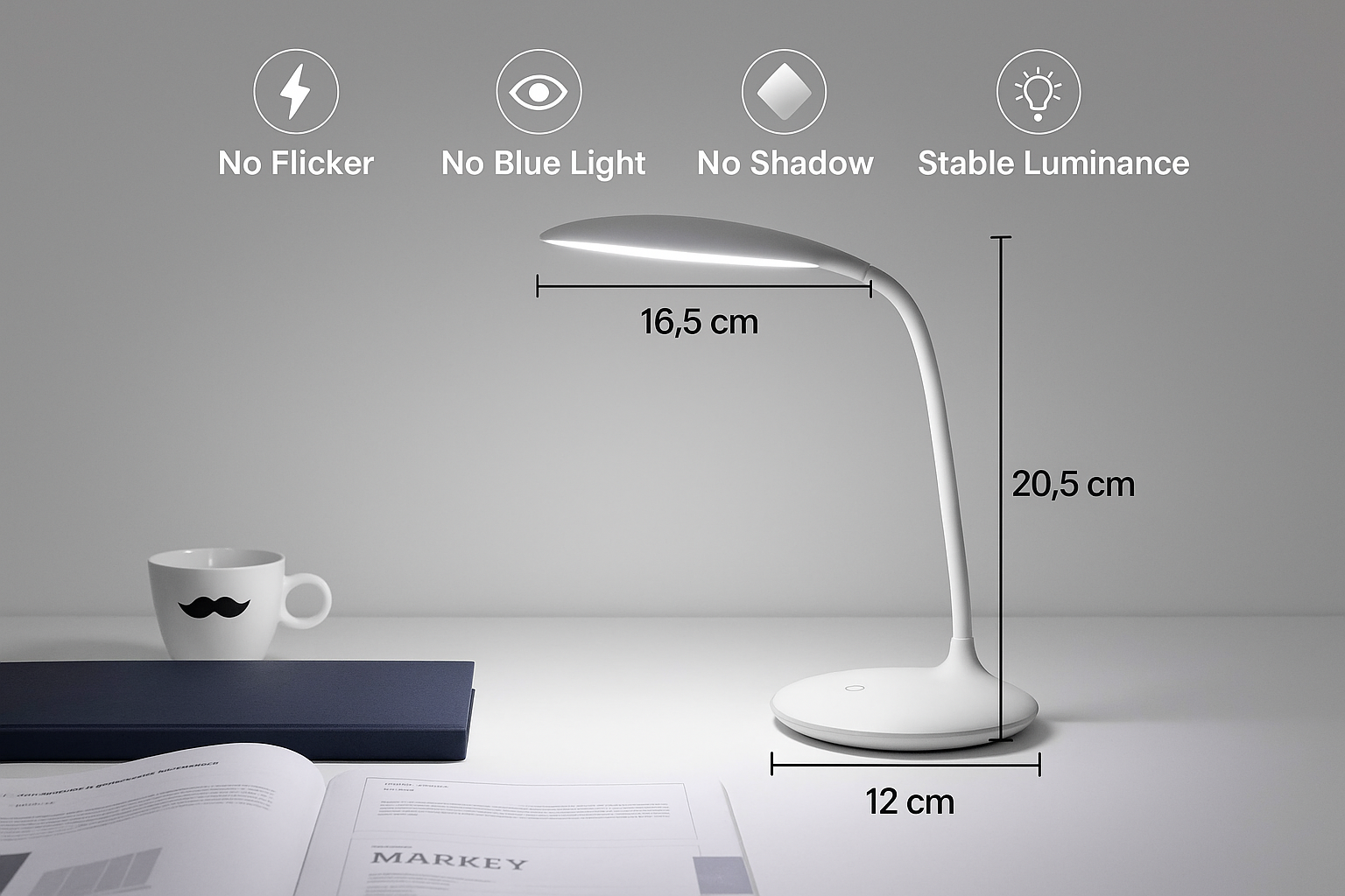 White LED desk lamp with dimensions and feature icons on a gray background