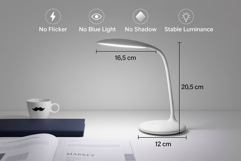 White LED desk lamp with dimensions and feature icons on a gray background