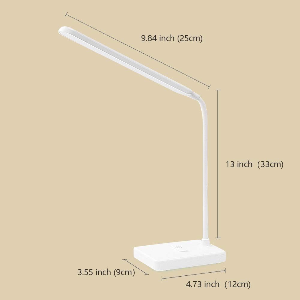 White LED desk lamp with dimensions labeled on a beige background