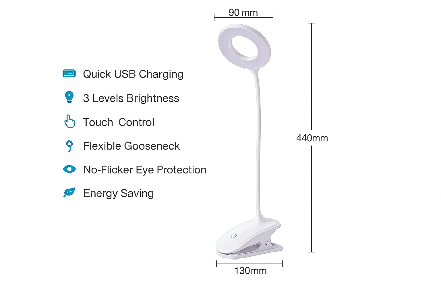 White LED desk lamp with features listed on a white background