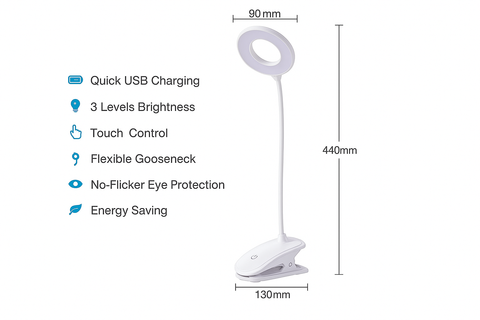 White LED desk lamp with features listed on a white background