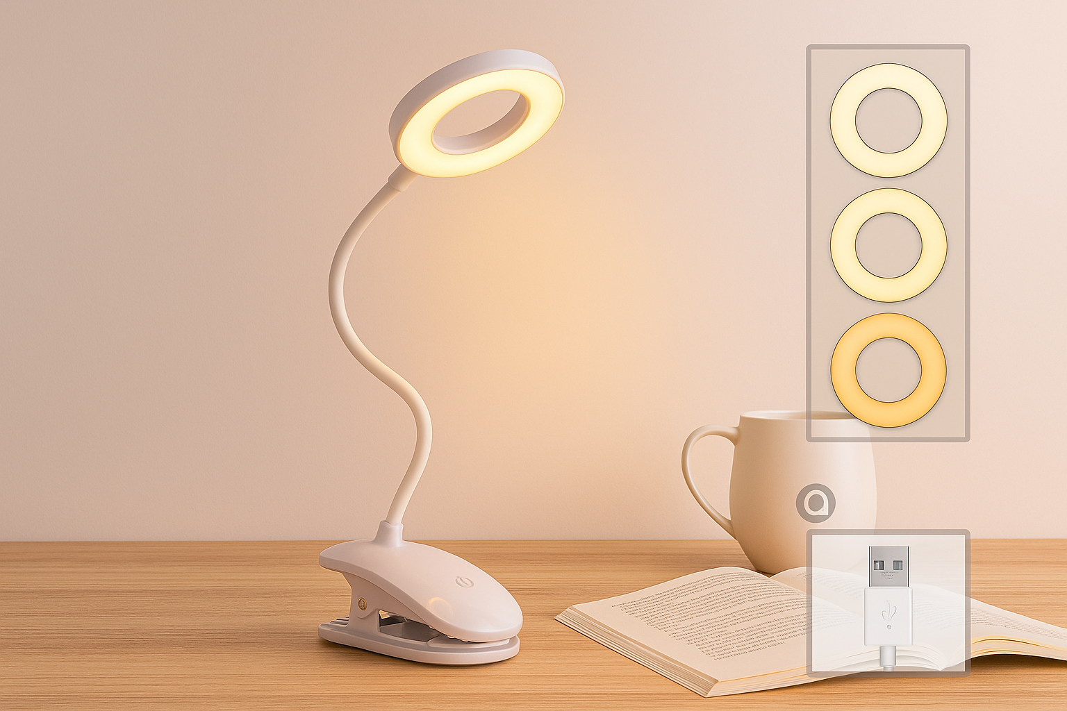 White LED desk lamp with flexible neck on a wooden surface, next to an open book and a mug.