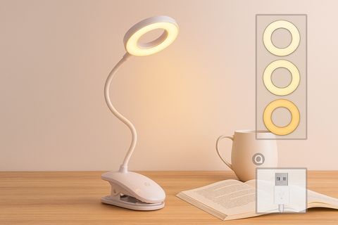 White LED desk lamp with flexible neck on a wooden surface, next to an open book and a mug.