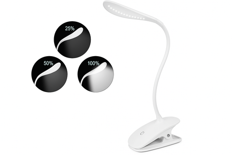 White LED desk lamp with three black percentage indicators on a white background