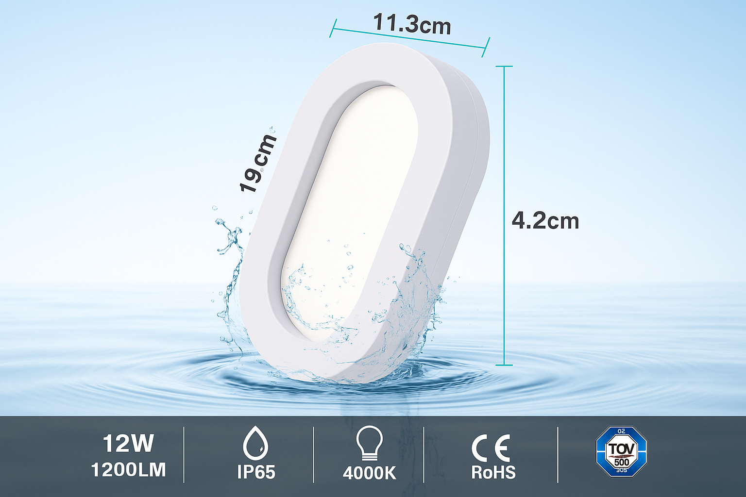 White LED light bulb with dimensions and certifications on a water splash background
