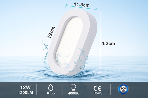 White LED light bulb with dimensions and certifications on a water splash background