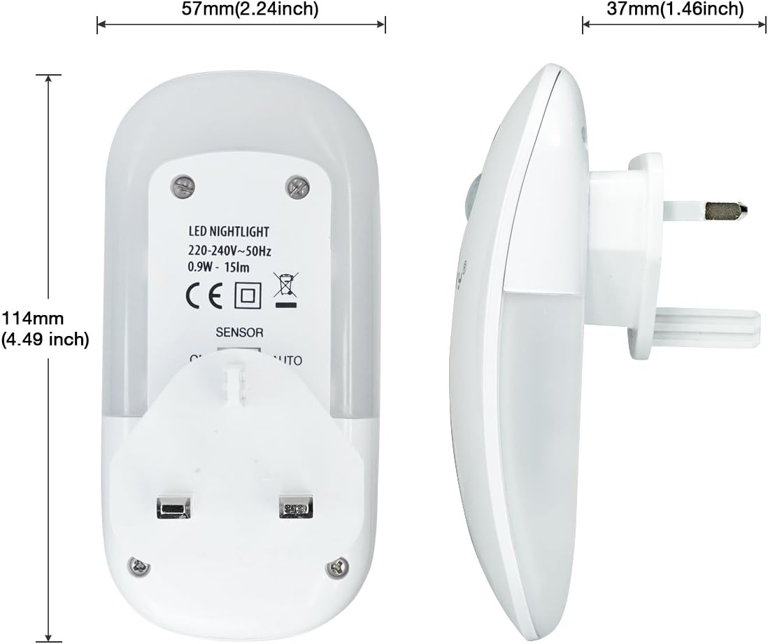 White LED nightlight with dimensions labeled on a white background