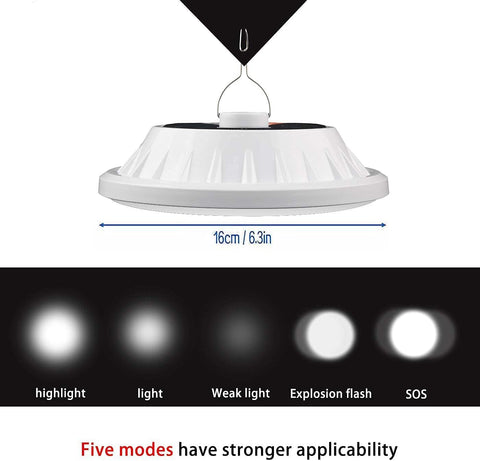 White LED pendant light with measurement details and five light modes on a white background