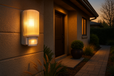 White PIR motion sensor wall light front view

