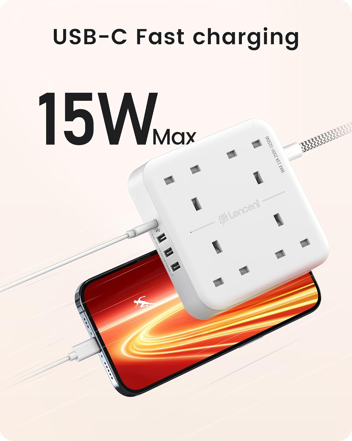 White USB-C fast charging adapter with smartphone on a light pink background