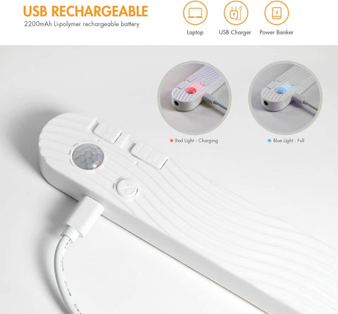 White USB rechargeable device with charging indicators on a light gray background