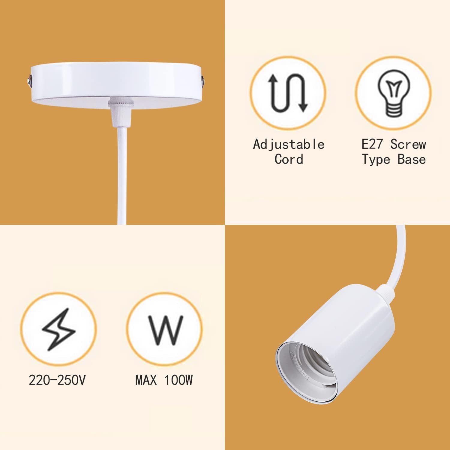 White adjustable pendant light with features highlighted on a beige background