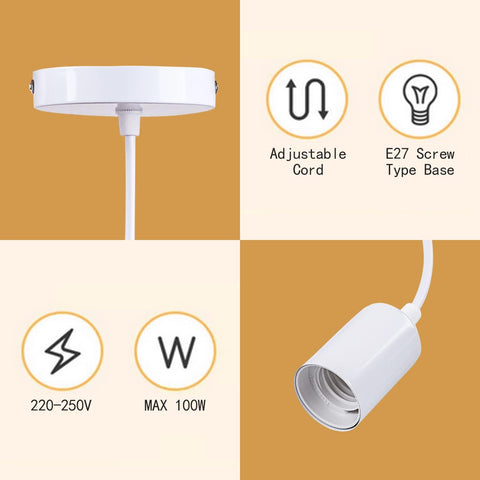 White adjustable pendant light with features highlighted on a beige background